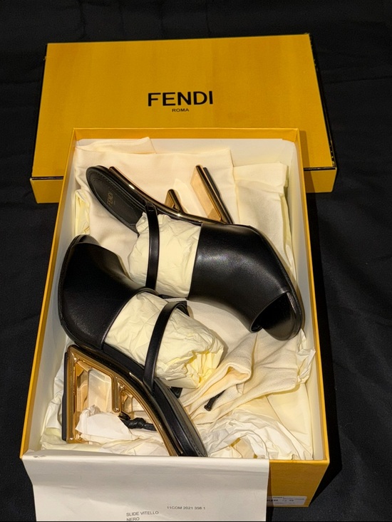 Fendi Shoes - Authentic Fendi Black Leather Open-Toe Sandals with Sculptural Gold Heel